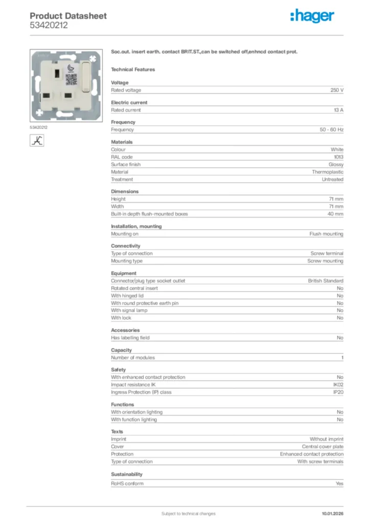 Image Hager Product data sheet 53420212  | Hager
