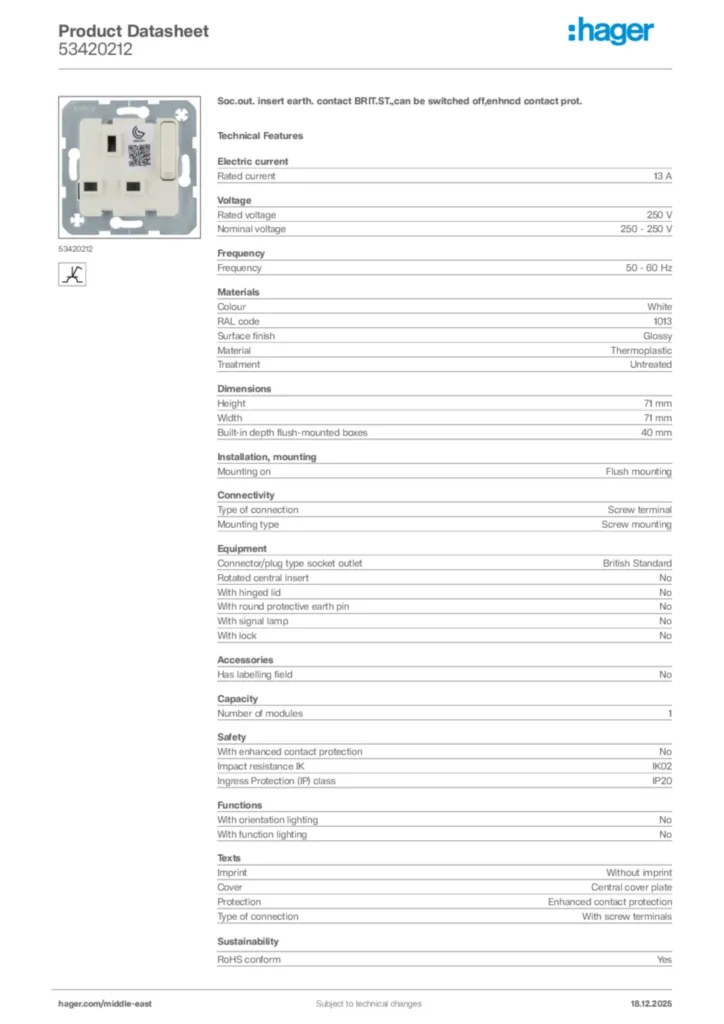 Image Hager Product data sheet 53420212  | Hager
