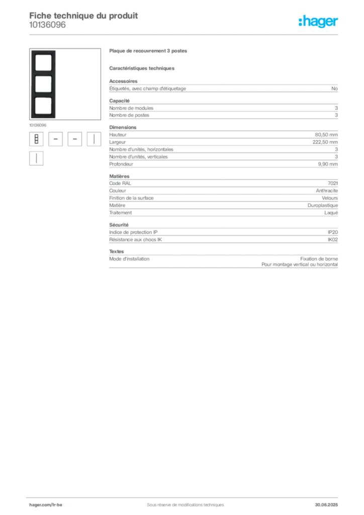 Image Hager Fiche technique du produit 10136096 | Hager Belgique