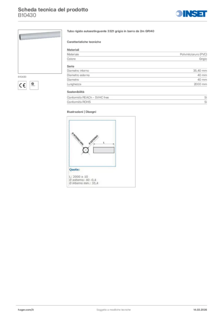 Immagine Inset Scheda tecnica del prodotto B10430 | Hager Italia