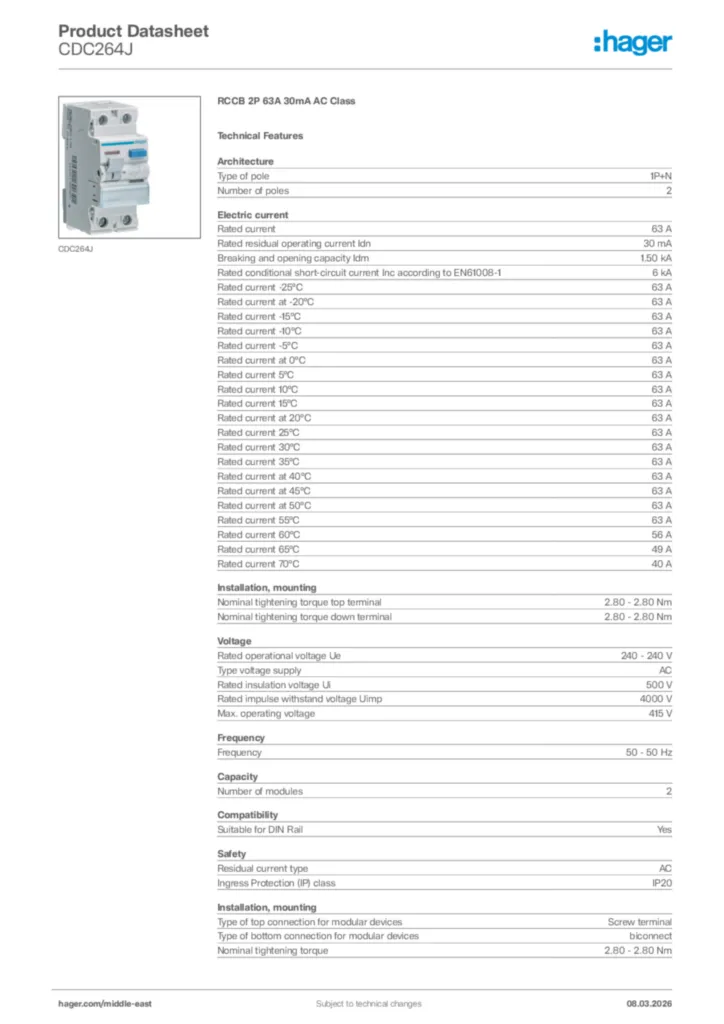 Image Hager Product data sheet CDC264J  | Hager