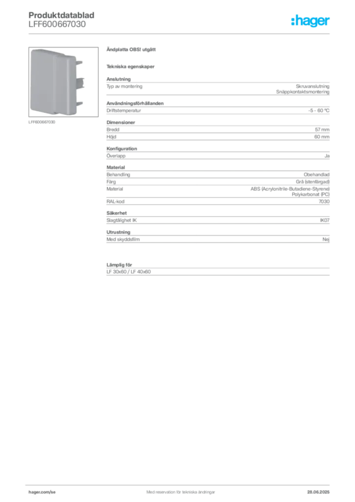 Bild Hager Produktdatablad LFF600667030 | Hager Sverige