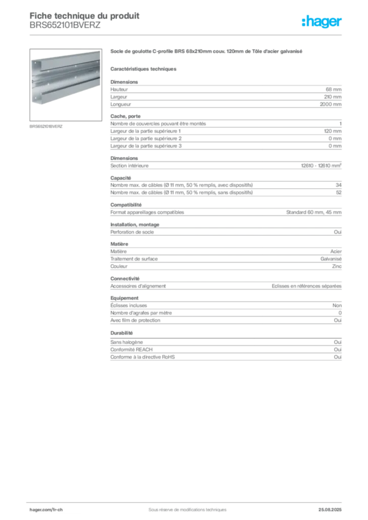 Image Hager Fiche technique du produit BRS652101BVERZ | Hager Suisse