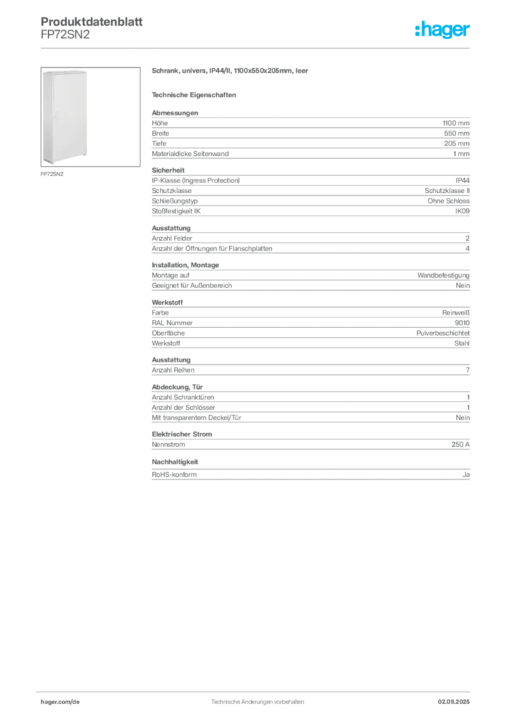 Hager Produktdatenblatt FP72SN2