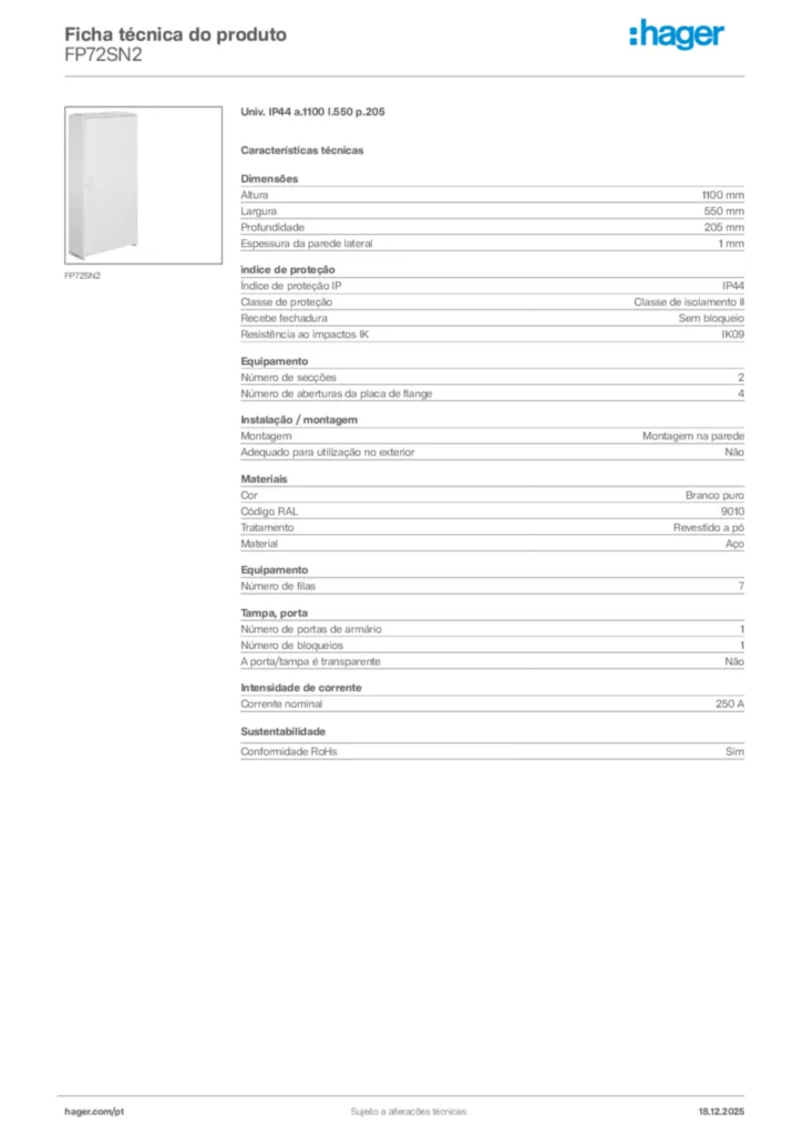 Imagem Hager Ficha técnica do produto FP72SN2 | Hager Portugal