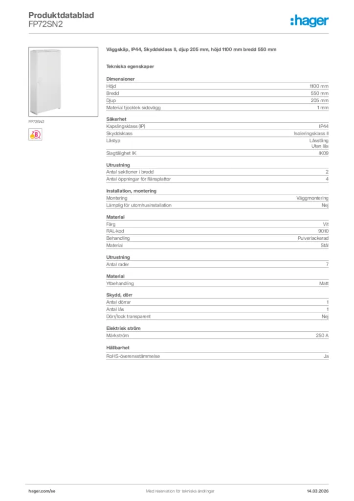 Bild Hager Produktdatablad FP72SN2 | Hager Sverige