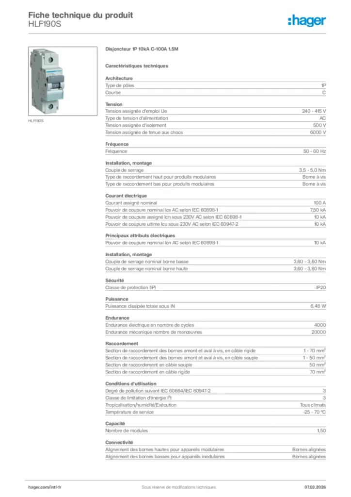 Image Hager Fiche technique du produit HLF190S | Hager Afrique