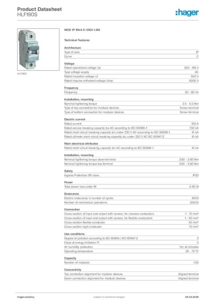 Image Hager Product data sheet HLF190S  | Hager