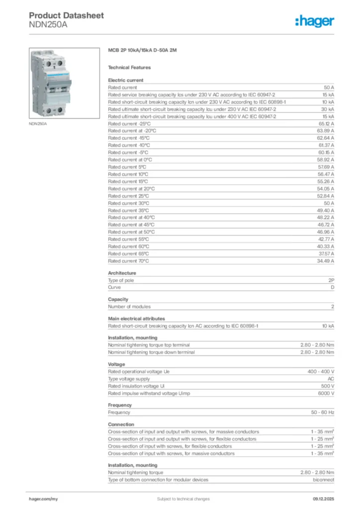 Image Hager Product data sheet NDN250A  | Hager