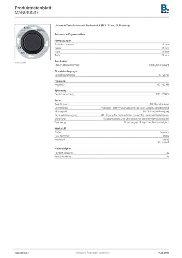 Bild Berker Produktdatenblatt MAN0101317 | Hager Deutschland