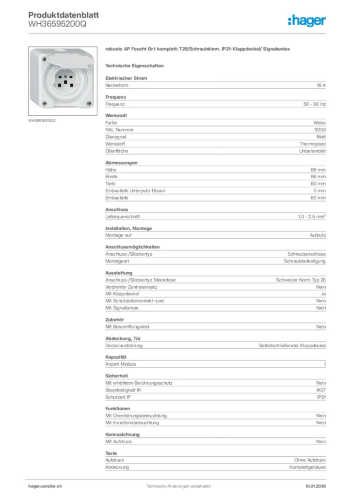 Bild Hager Produktdatenblatt WH36595200Q | Hager Schweiz