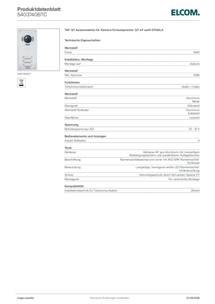 Bild Elcom Produktdatenblatt 5403740BTC | Hager Deutschland