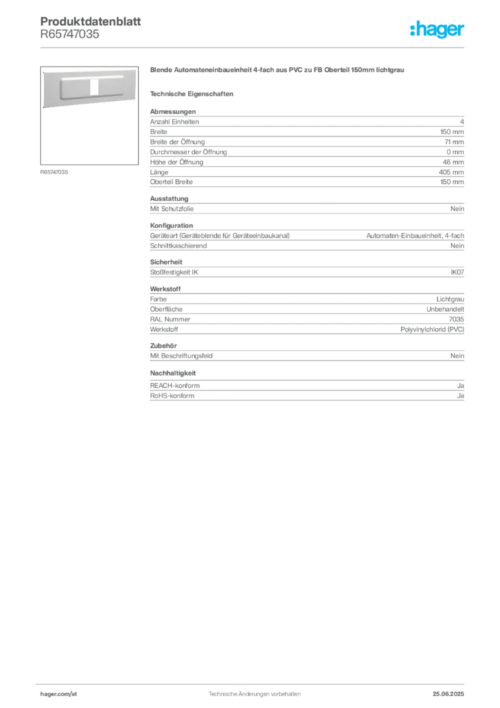 Bild Hager Produktdatenblatt R65747035 | Hager Deutschland