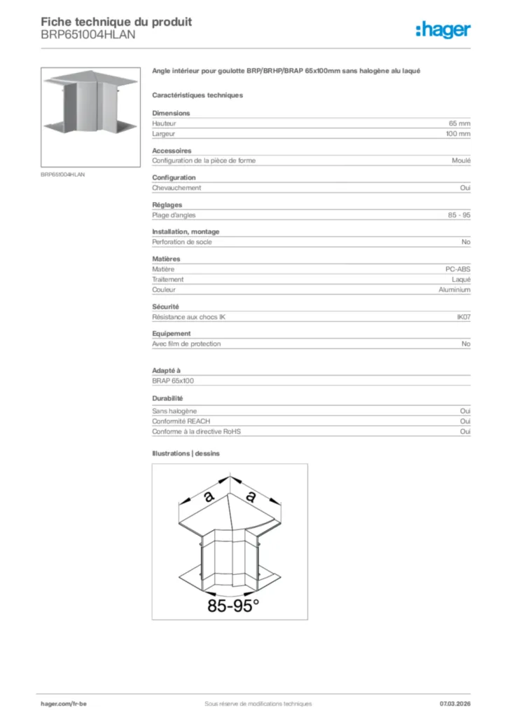 Image Hager Fiche technique du produit BRP651004HLAN | Hager Belgique