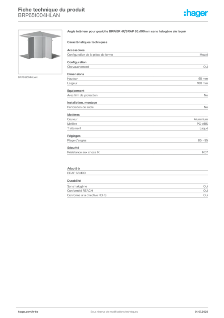 Image Hager Fiche technique du produit BRP651004HLAN | Hager Belgique