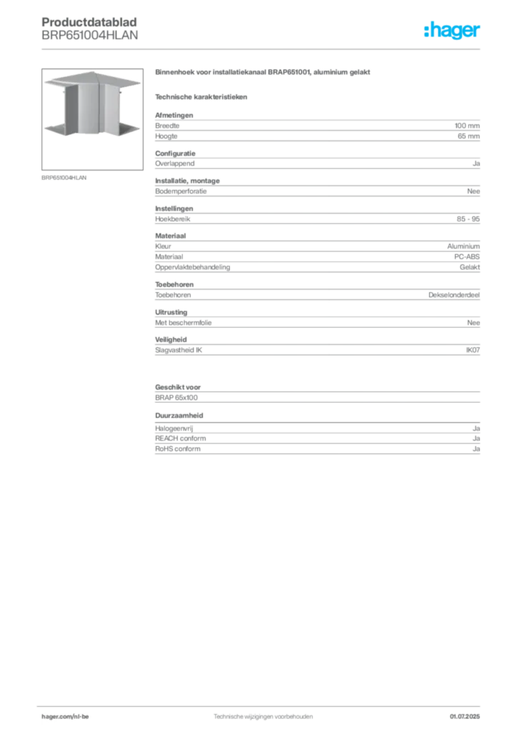 Afbeelding Hager Productdatablad BRP651004HLAN | Hager Belgium