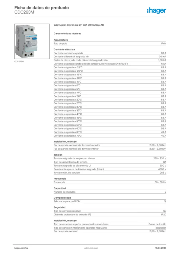 Imagen Hager Ficha de datos de producto CDC263M | Hager España