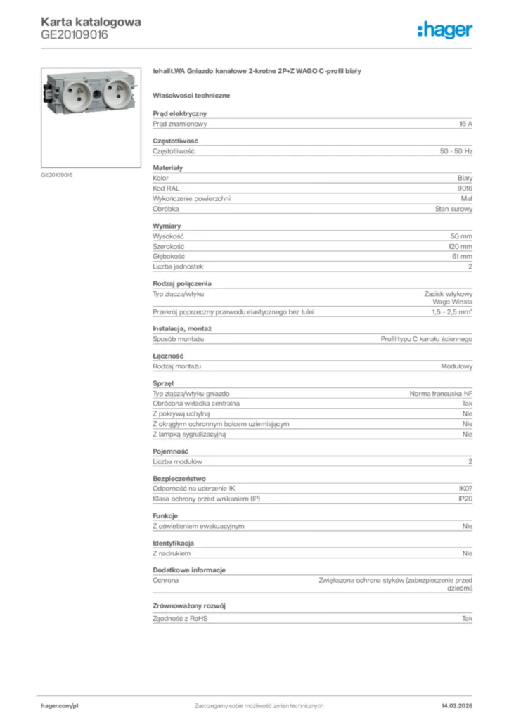 Zdjęcie Hager Karta katalogowa GE20109016 | Hager Polska