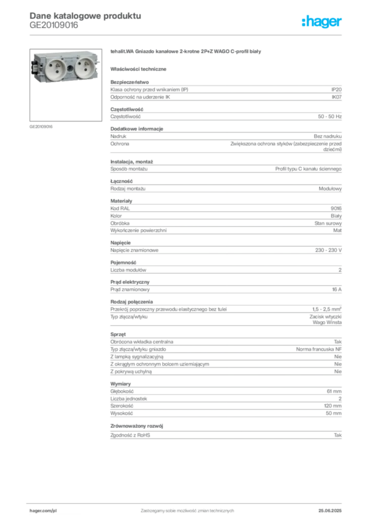 Zdjęcie Hager Karta katalogowa GE20109016 | Hager Polska