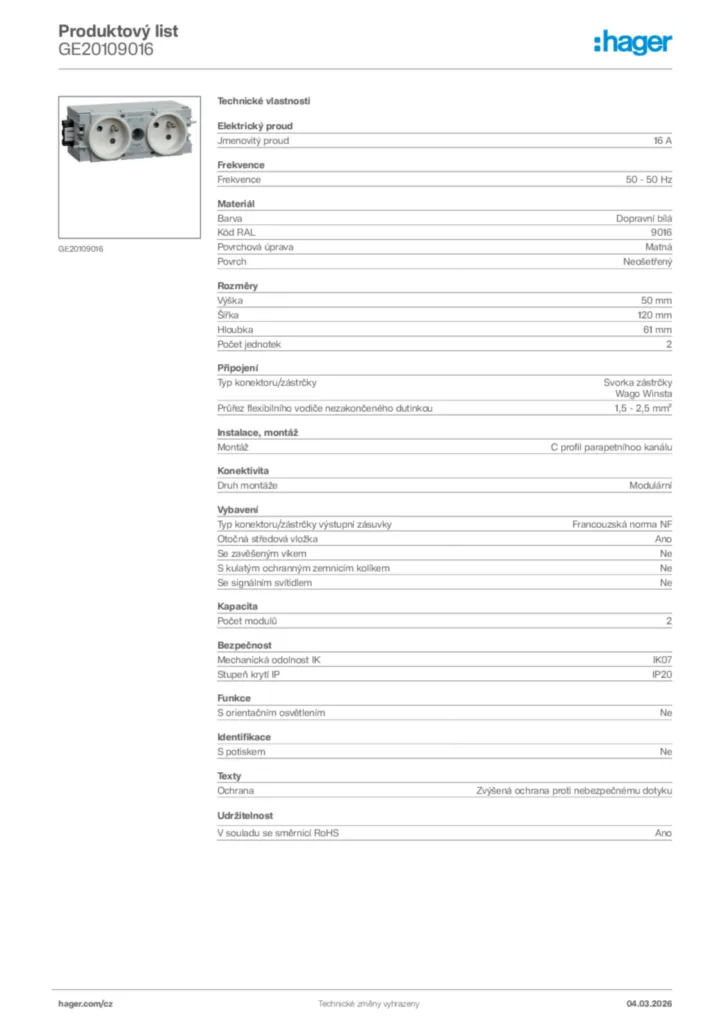 Obrázek Hager Product data sheet GE20109016 | Hager