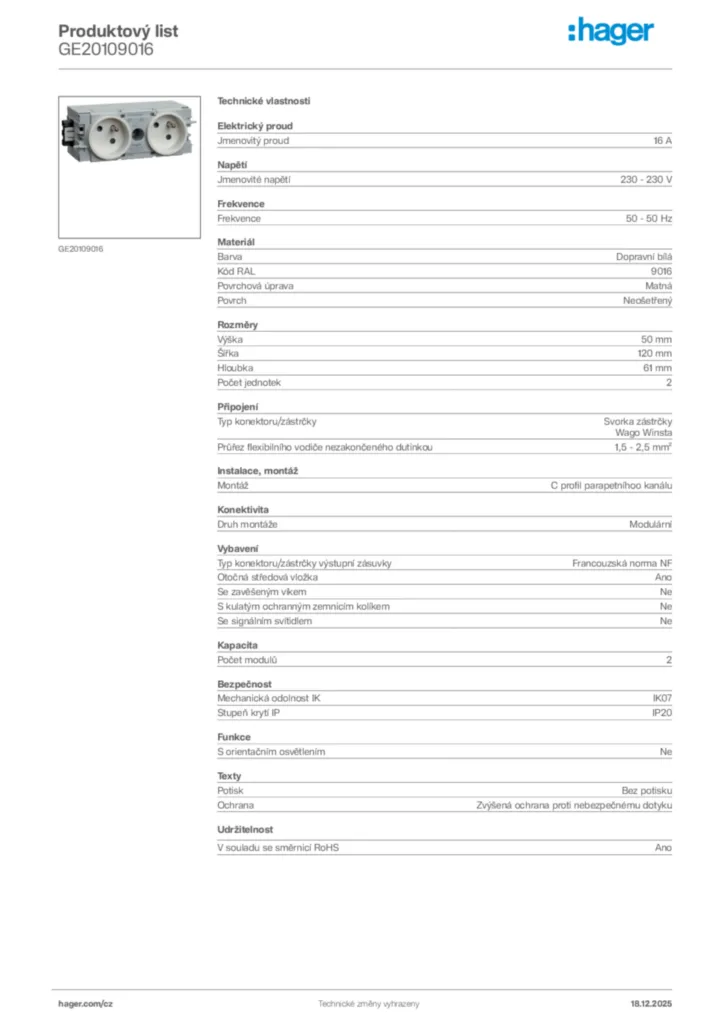 Obrázek Hager Produktový list GE20109016 | Hager