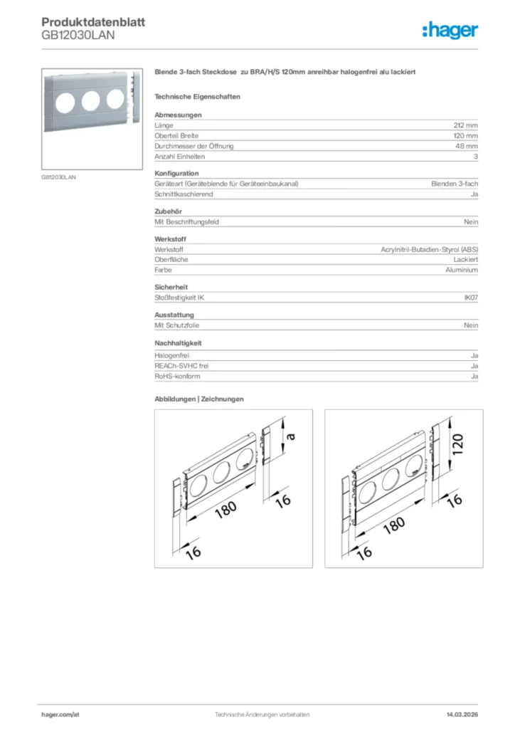 Bild Hager Produktdatenblatt GB12030LAN | Hager Deutschland
