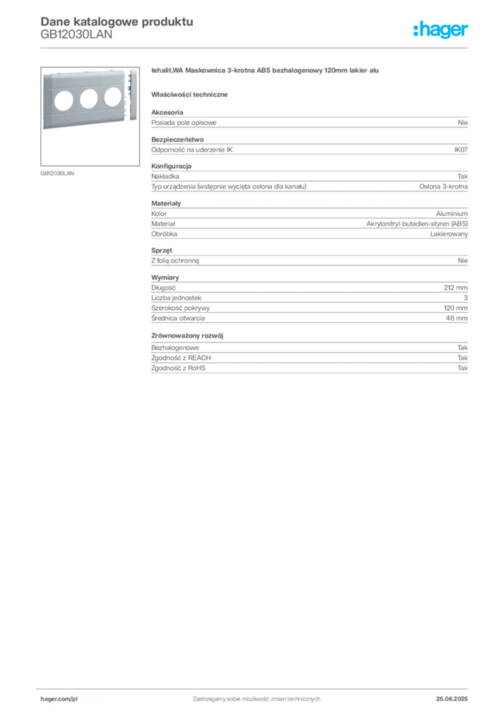 Zdjęcie Hager Karta katalogowa GB12030LAN | Hager Polska