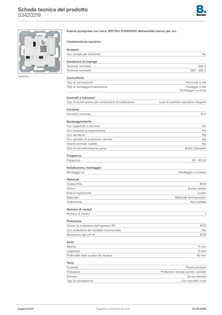 Immagine Berker Scheda tecnica del prodotto 53420219 | Hager Italia