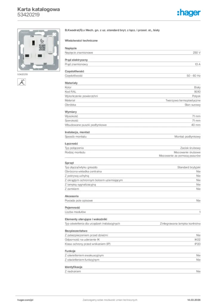 Zdjęcie Hager Karta katalogowa 53420219 | Hager Polska