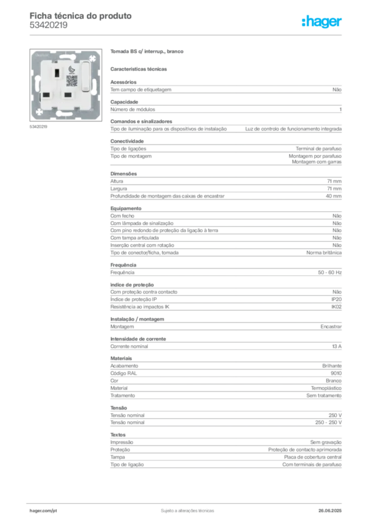 Imagem Hager Ficha técnica do produto 53420219 | Hager Portugal