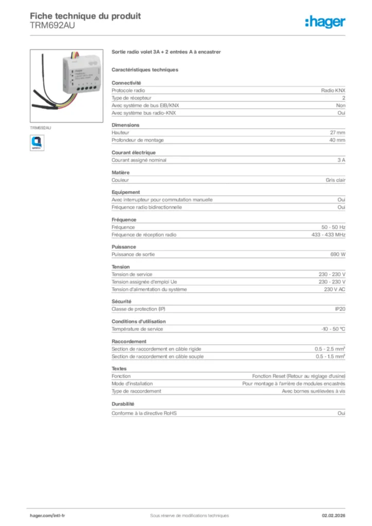 Image Hager Fiche technique du produit TRM692AU | Hager Afrique