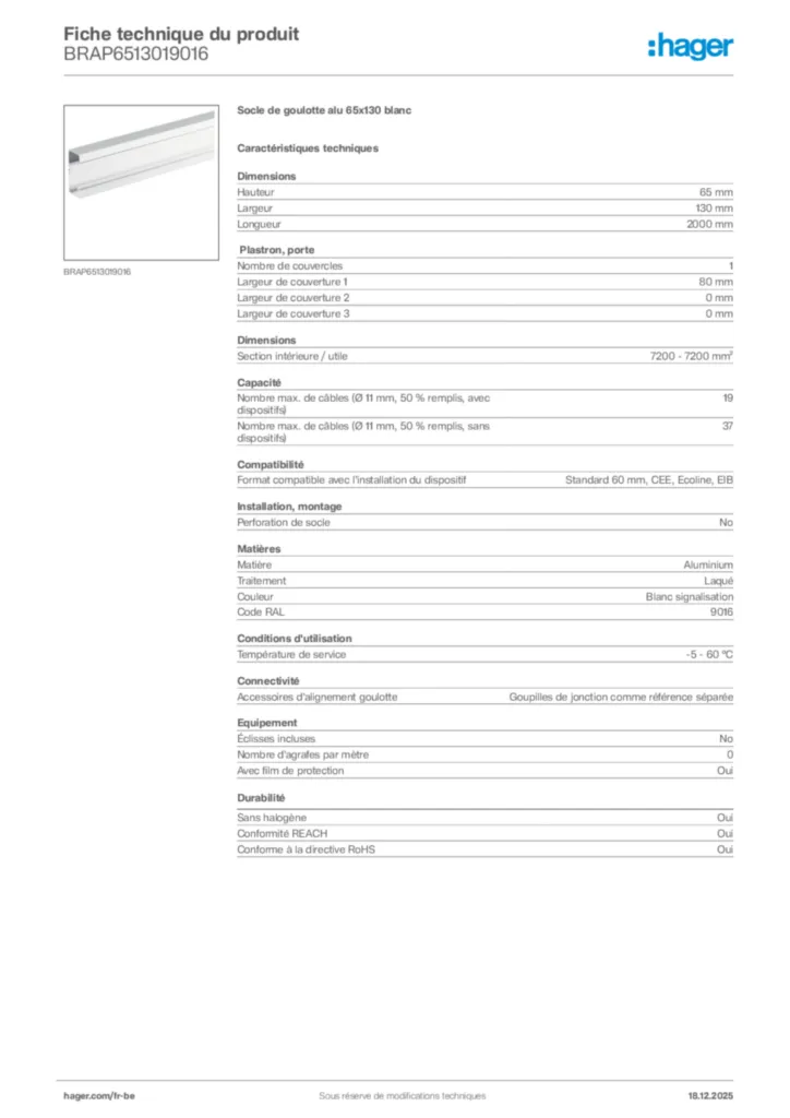 Image Hager Fiche technique du produit BRAP6513019016 | Hager Belgique