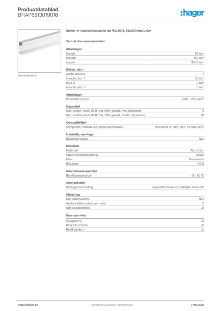 Afbeelding Hager Productdatablad BRAP6513019016 | Hager Belgium