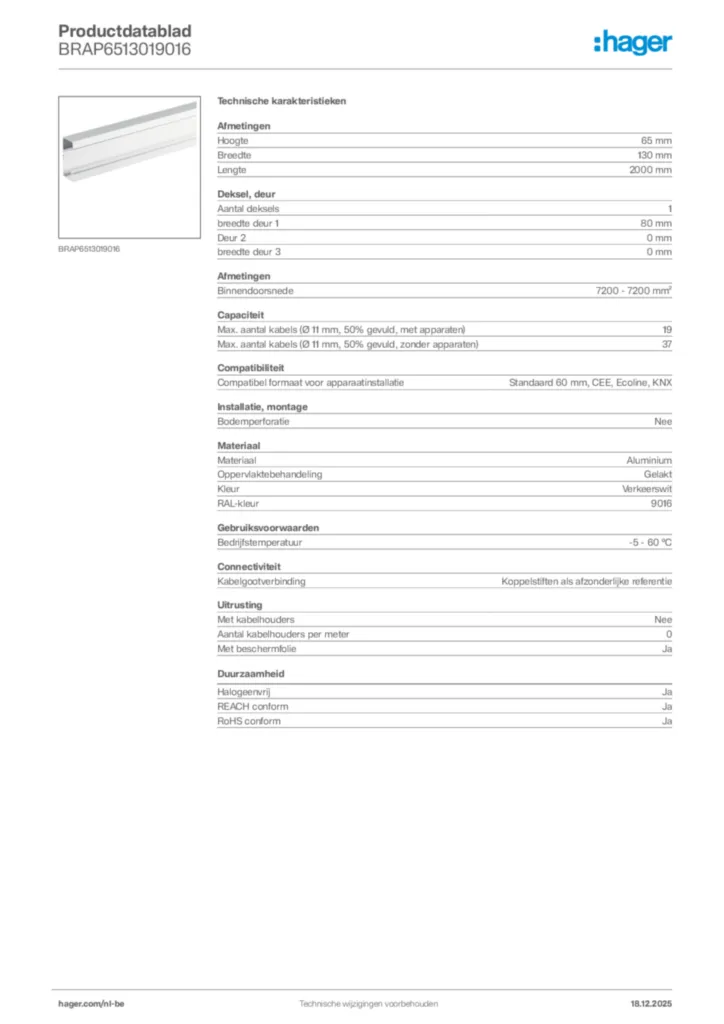 Afbeelding Hager Productdatablad BRAP6513019016 | Hager Belgium