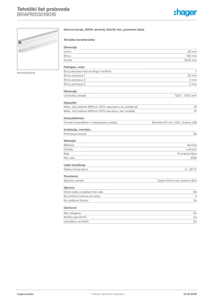 Slika Hager Tehnički list proizvoda BRAP6513019016  | Hager
