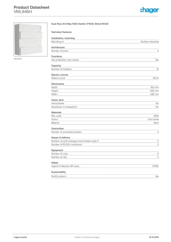 Image Hager Product data sheet VML946H  | Hager