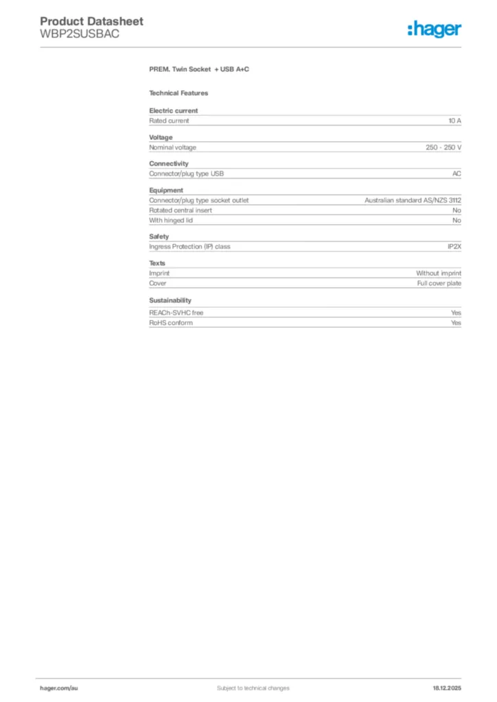 Image Hager Product data sheet WBP2SUSBAC  | Hager Australia