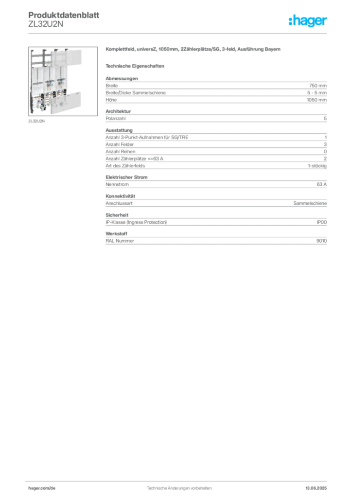 Bild Hager Produktdatenblatt ZL32U2N | Hager Deutschland