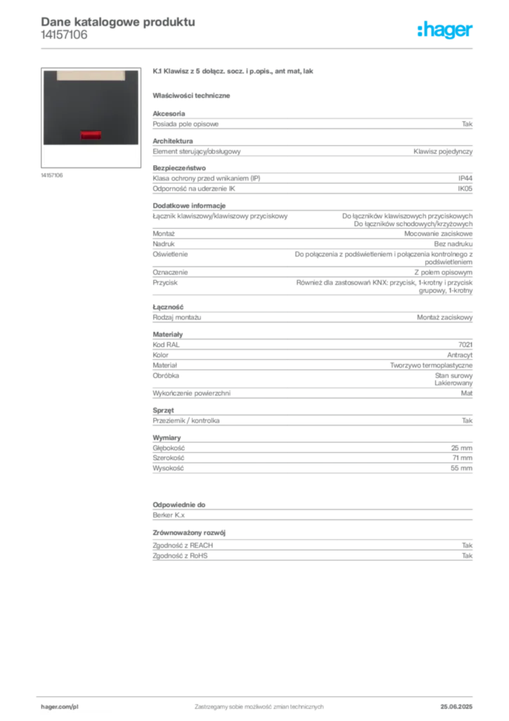 Zdjęcie Hager Karta katalogowa 14157106 | Hager Polska