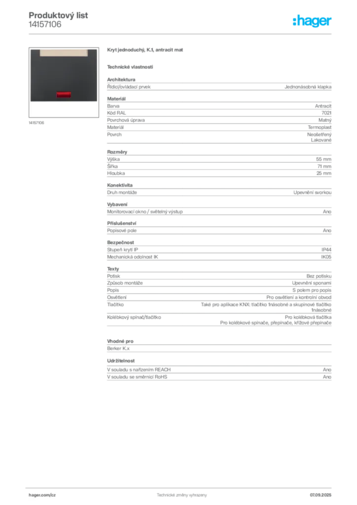 Obrázek Hager Produktový list 14157106 | Hager