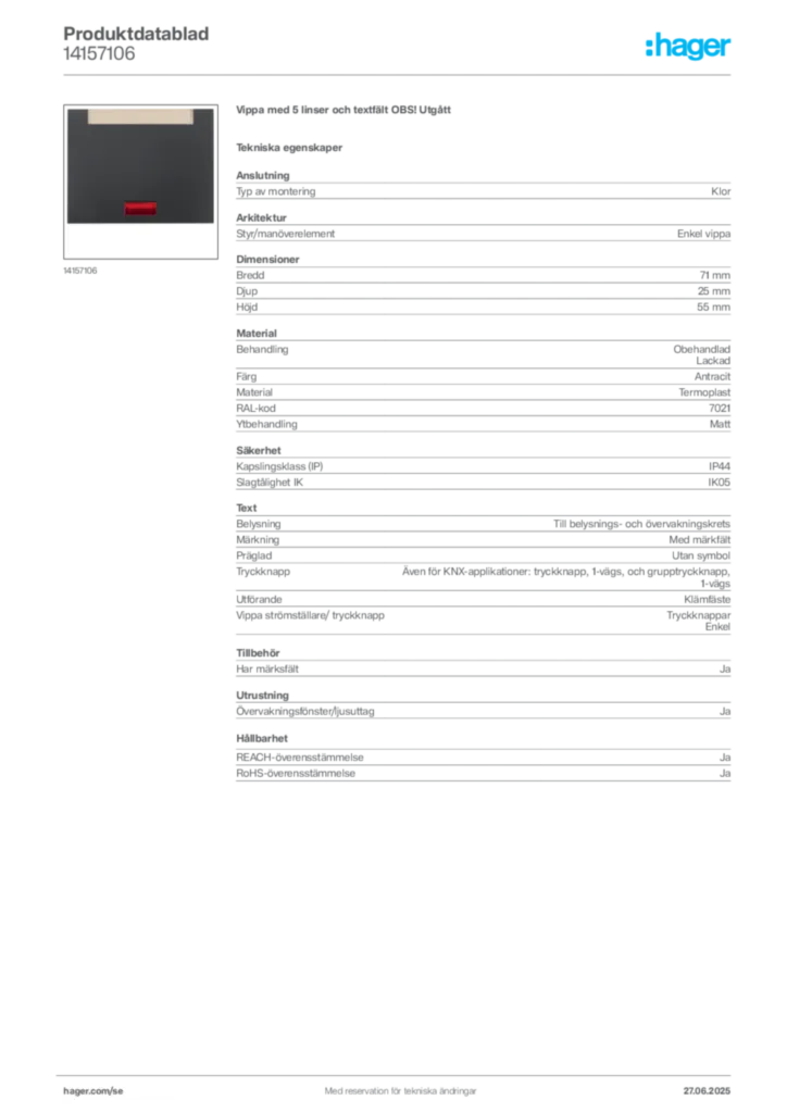 Bild Hager Produktdatablad 14157106 | Hager Sverige
