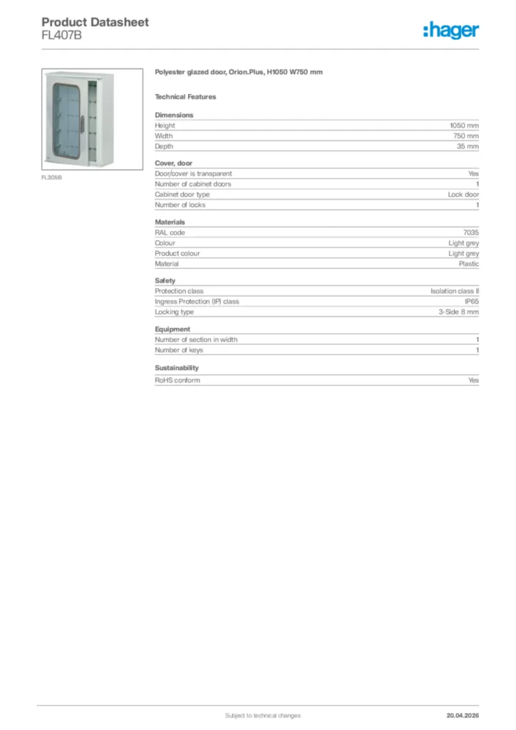 Image Hager Product data sheet FL407B  | Hager Africa