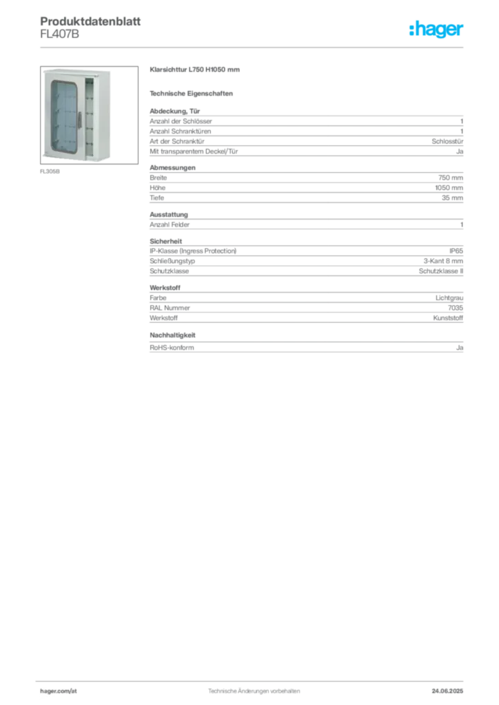 Bild Hager Produktdatenblatt FL407B | Hager Deutschland
