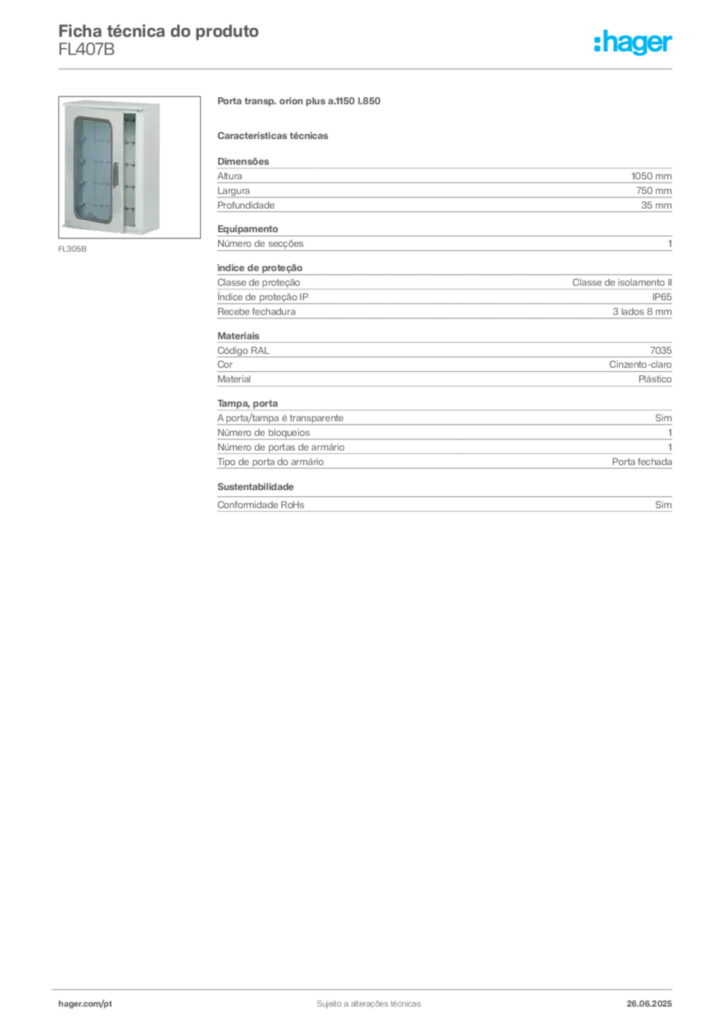 Imagem Hager Ficha técnica do produto FL407B | Hager Portugal