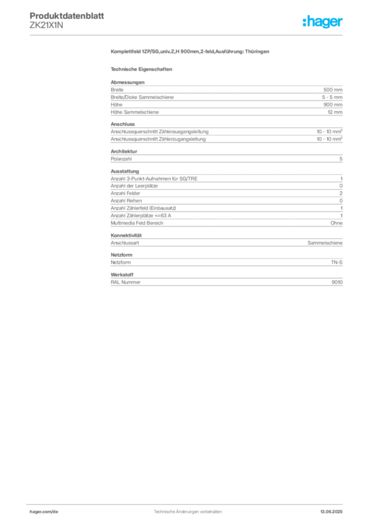 Bild Hager Produktdatenblatt ZK21X1N | Hager Deutschland