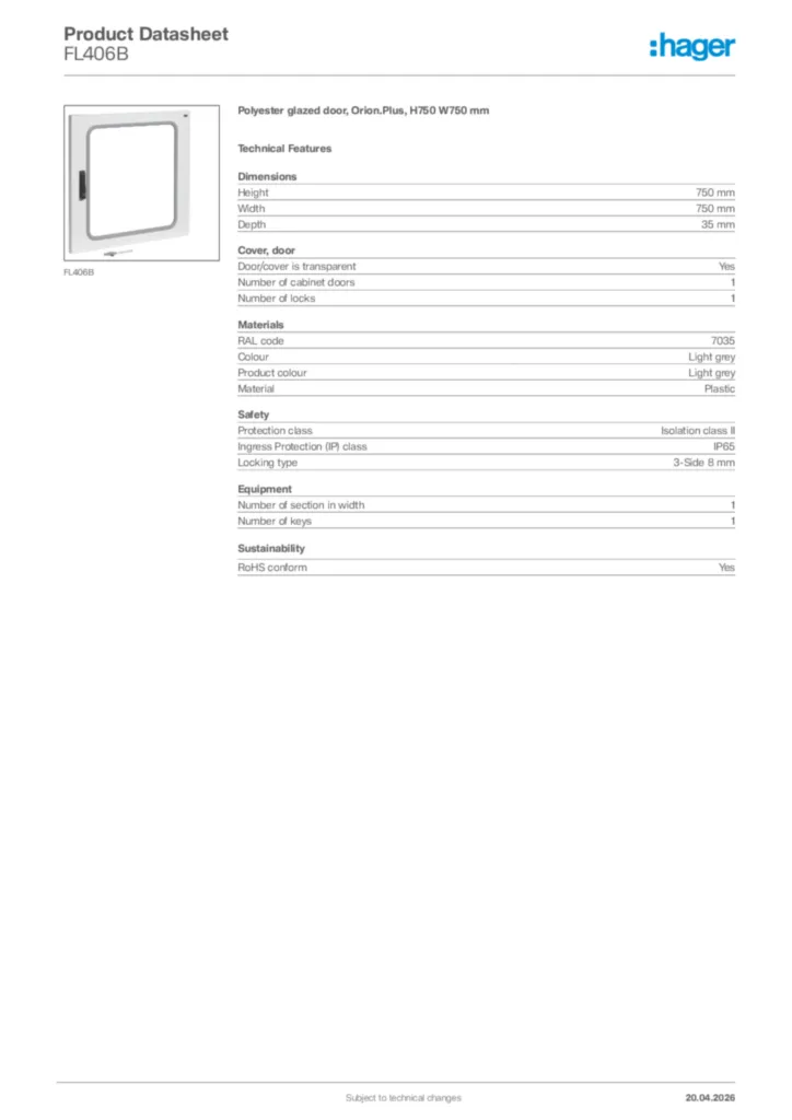 Image Hager Product data sheet FL406B  | Hager Africa
