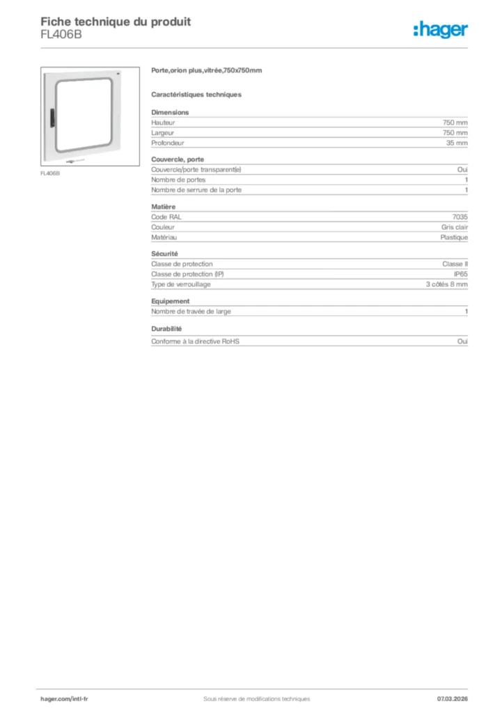 Image Hager Fiche technique du produit FL406B | Hager Afrique