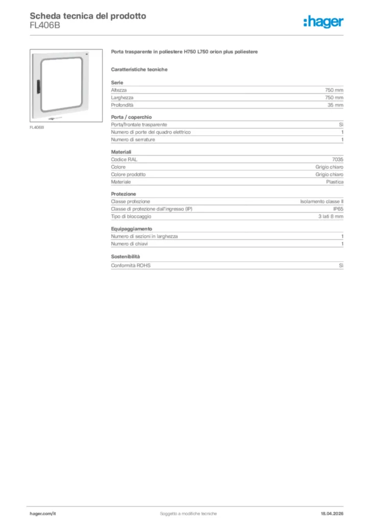 Immagine Hager Scheda tecnica del prodotto FL406B | Hager Italia
