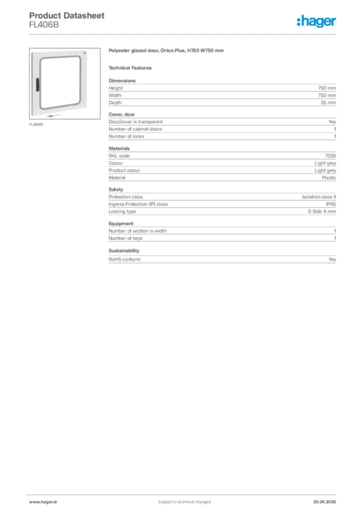 Image Hager Product data sheet FL406B  | Hager