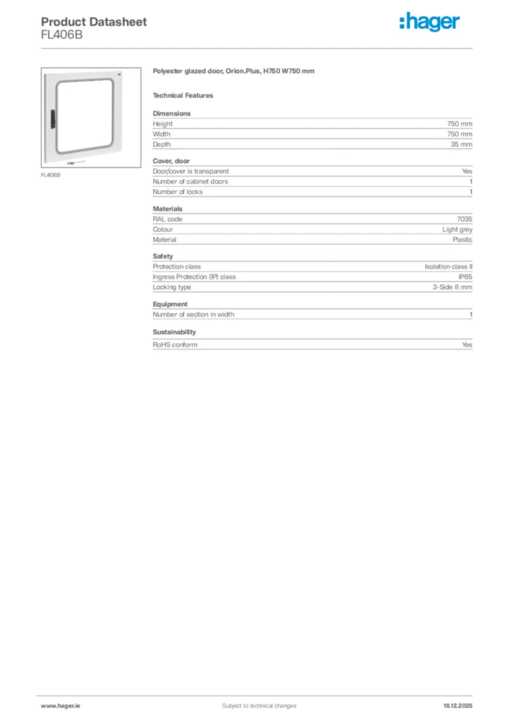 Image Hager Product data sheet FL406B  | Hager